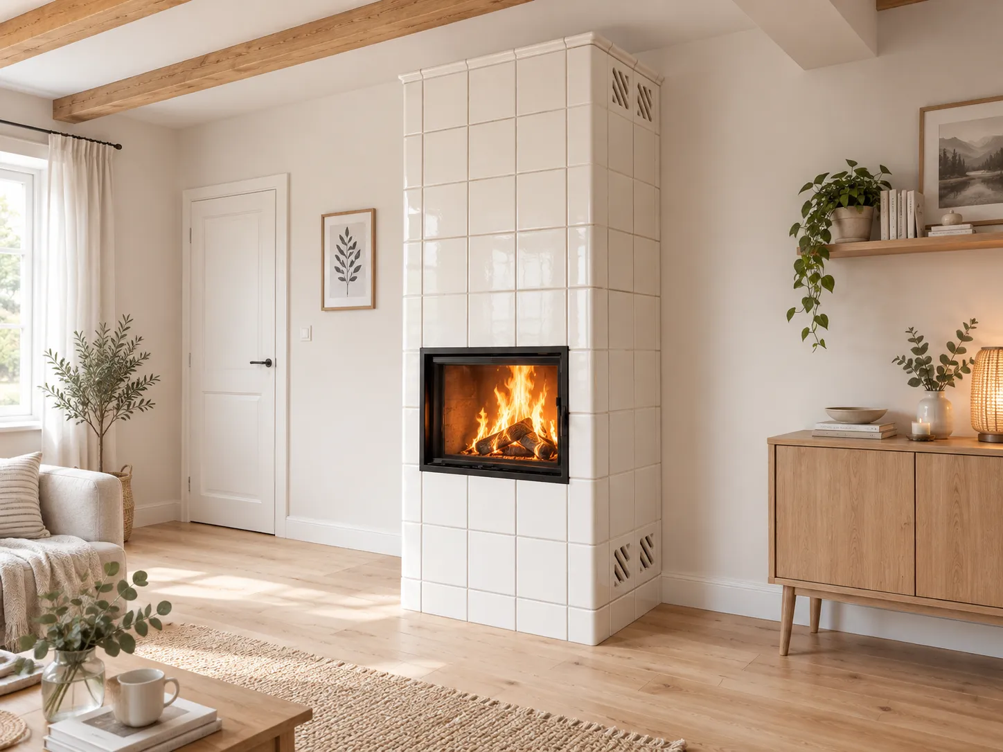 Tradycyjny piec kaflowy z jasnych, połyskujących kafli ceramicznych i czarnym wkładem kominkowym. Piec z widocznym płomieniem stoi w jasnym salonie w stylu scandic/boho z drewnianą podłogą, drewnianą komodą, roślinami doniczkowymi i beleczkowym sufitem.