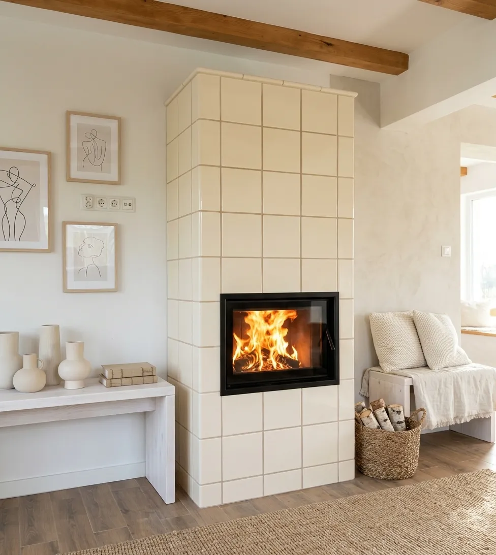 Stylowy kremowy piec kaflowy z czarnym wkładem kominkowym i żywym płomieniem w palenisku. Bryła pieca stoi w przytulnym, jasnym wnętrzu w stylu japandi/cottage.