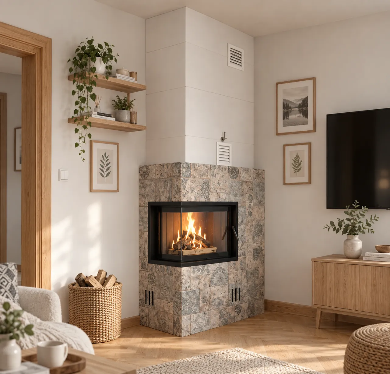 Narożny kominek z dwustronnym przeszkleniem i widocznym jasnym płomieniem. Dolna część obudowy wyłożona jest kwadratowymi, artystycznymi kaflami ceramicznymi w subtelne botaniczne i ornamentalne wzory w odcieniach beżu i błękitu, natomiast górna część jest gładka, biała z kratkami wentylacyjnymi.